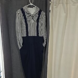 Navy Suspender Pencil Skirt with Black and White Striped Bow Blouse